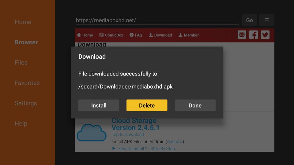 delete mediabox hd apk file