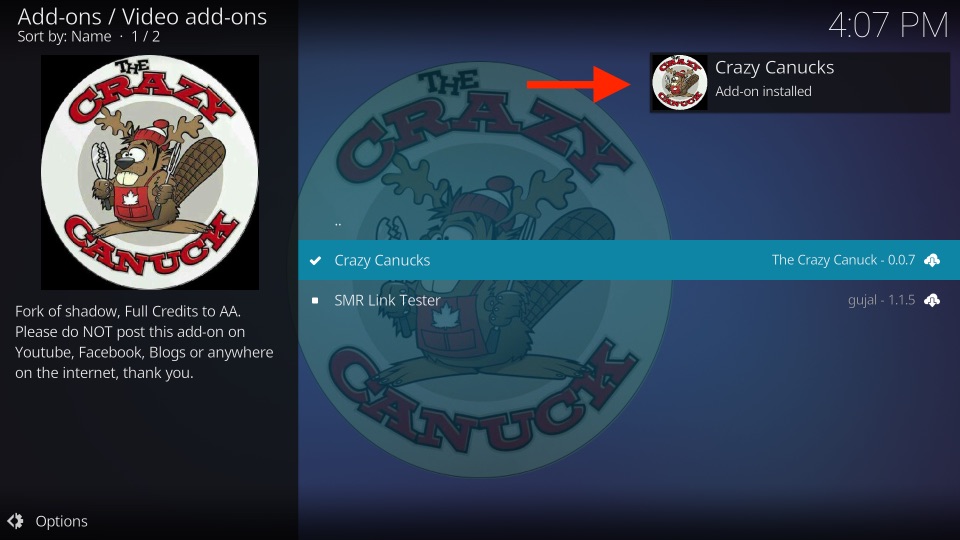 Crazy Canucks Add-on installed