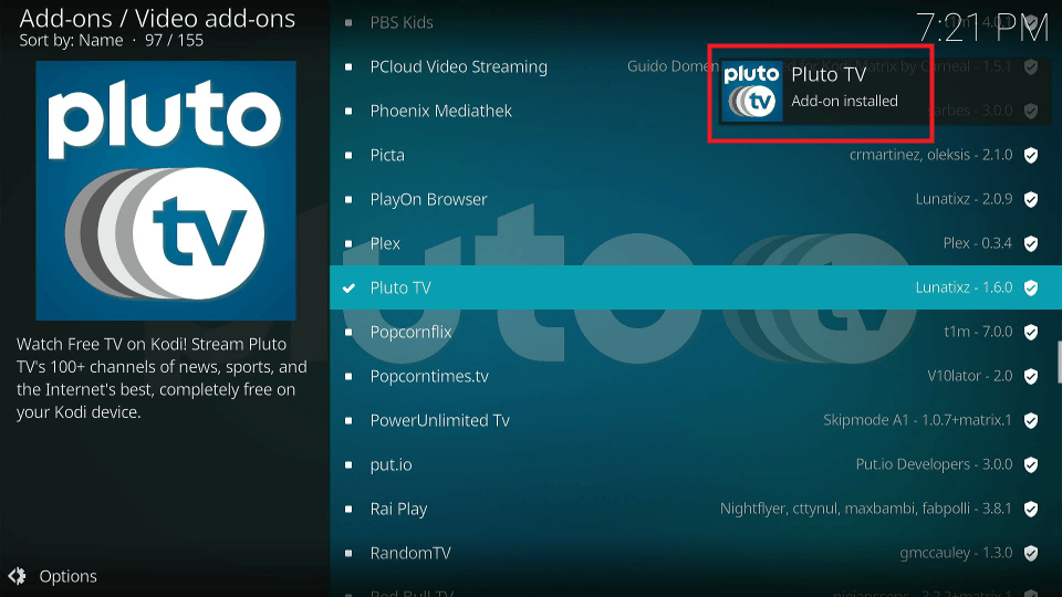 Pluto TV addon installed