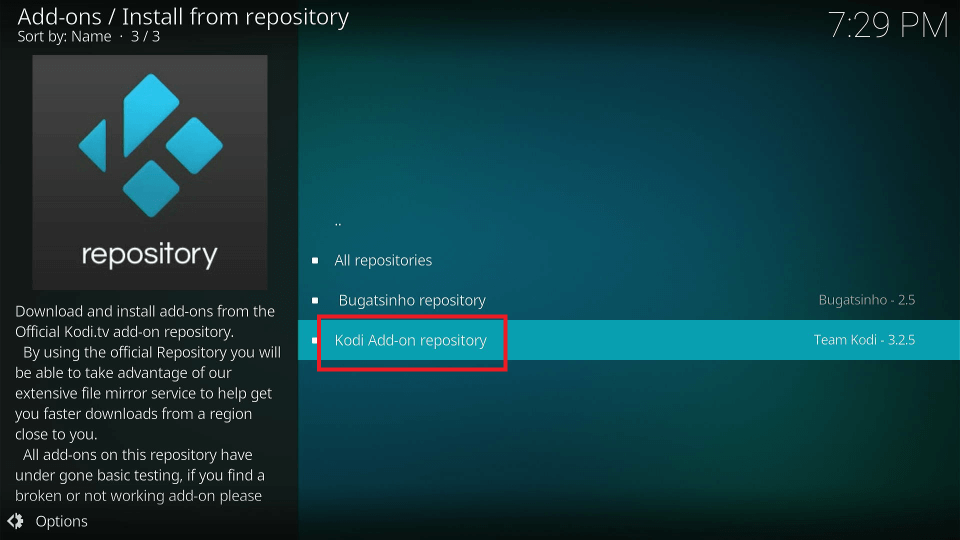 select kodi add-ons repository