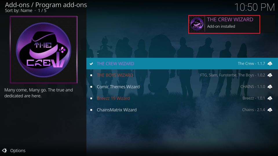 The Crew Wizard Add-on installed