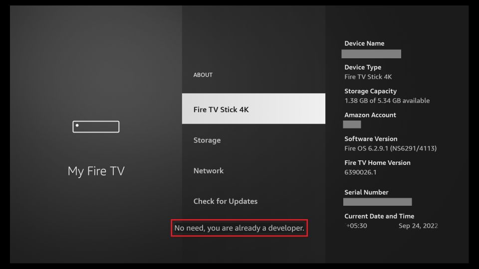 how to get developer options back on firestick