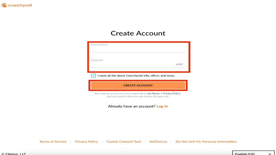 clicking on the CREATE ACCOUNT button