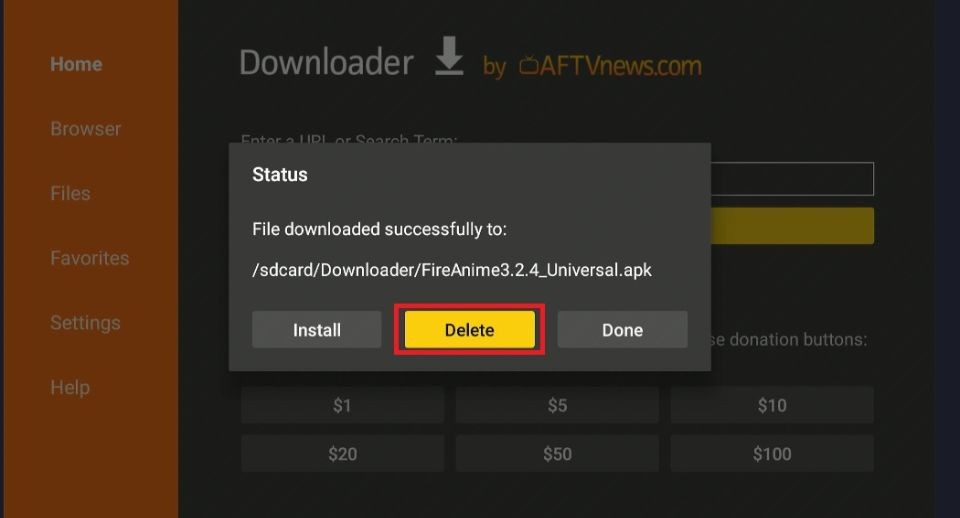 delete fireanime apk files