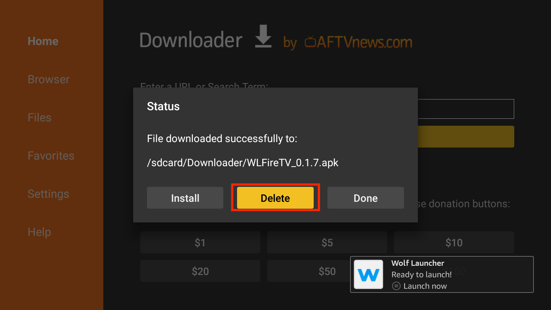 delete wolf launcher apk files