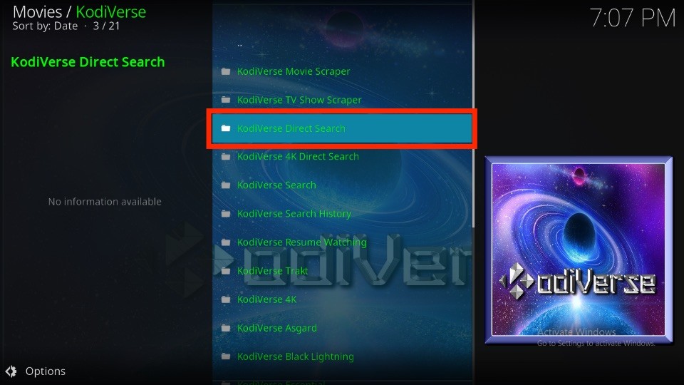 KodiVerse Direct Search section