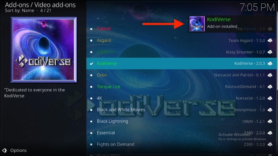 KodiVerse Add-on installed