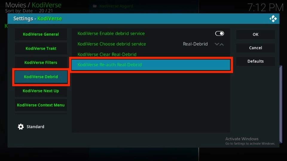 select KodiVerse Re-auth Real-Debrid