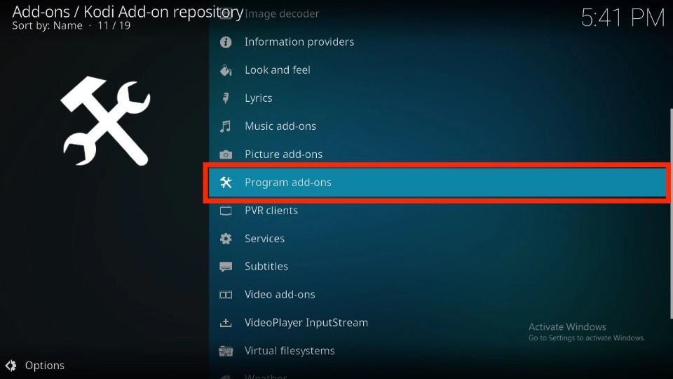 Program add-ons tab
