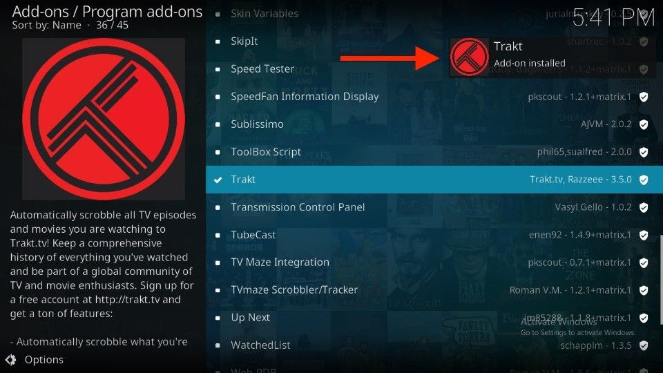 Trakt Add-on installed