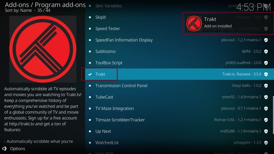 trakt addon installed