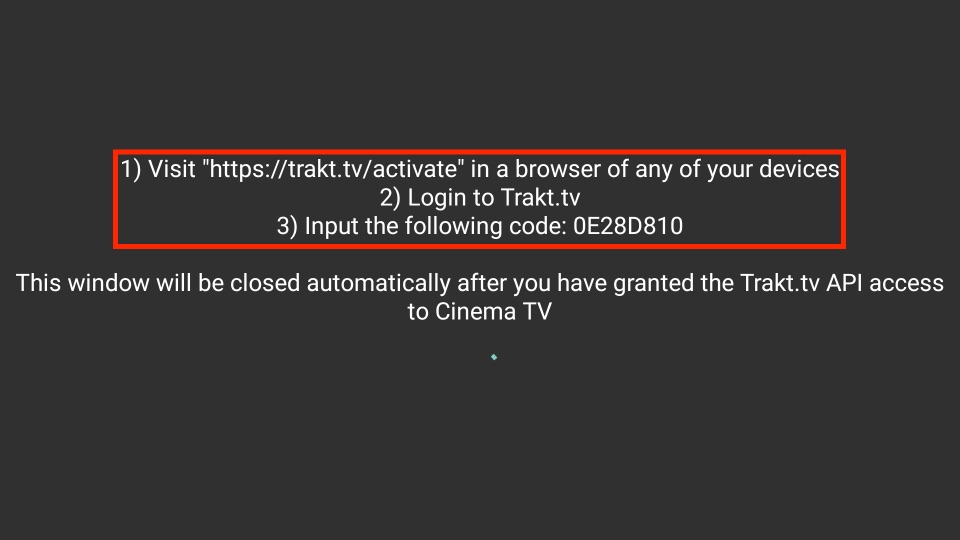 Trakt authentication window