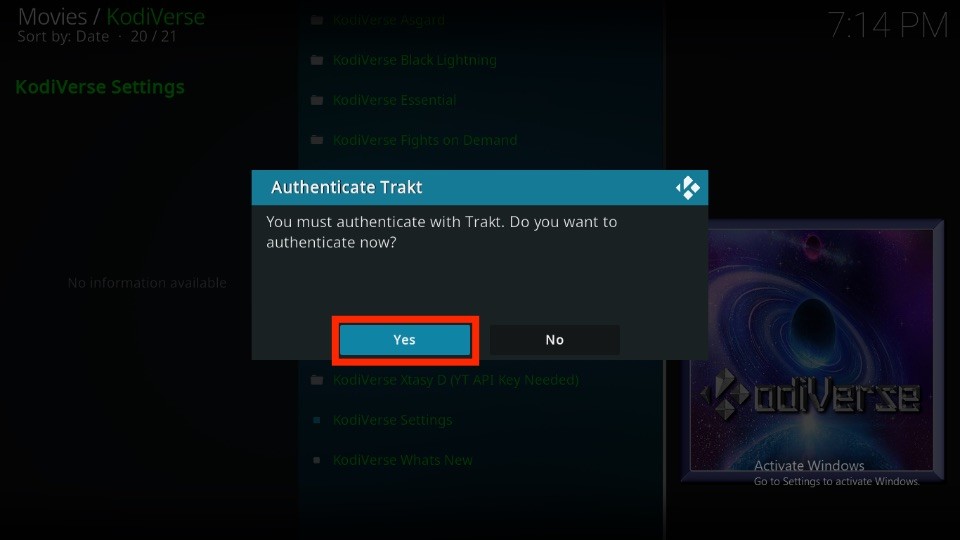 Choose Yes to start Trakt Auth