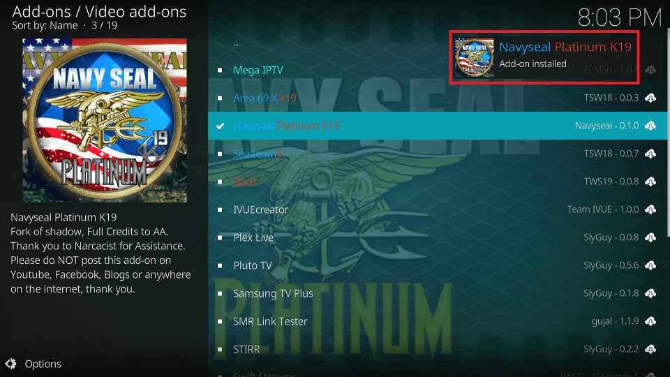 NavySeal Platinum K19 Add-on is installed
