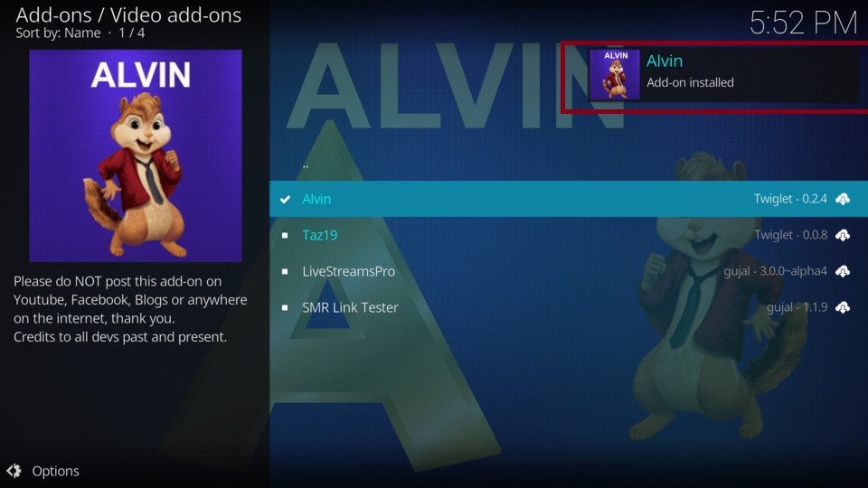 alvin addon installed