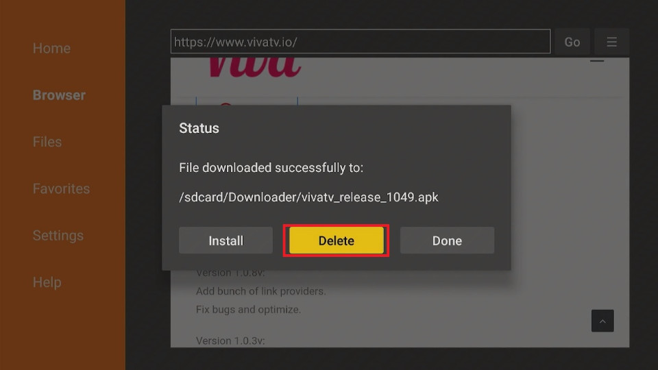 delete viva tv apk files