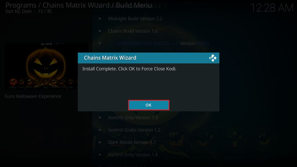 Click OK to force close the Kodi app