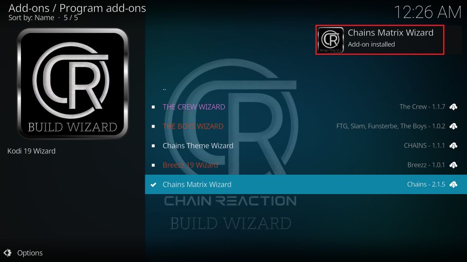 Chains Matrix Wizard addon installed