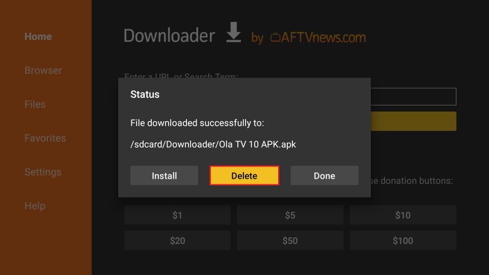 delete ola tv apk files