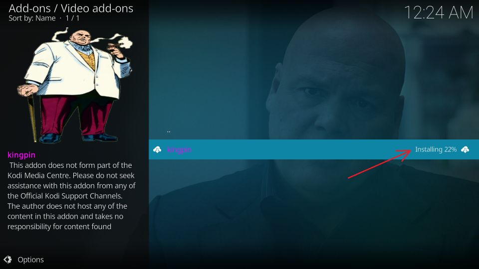 installation progress of the Kingpin addon