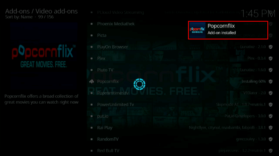 Popcornflix add-on installed