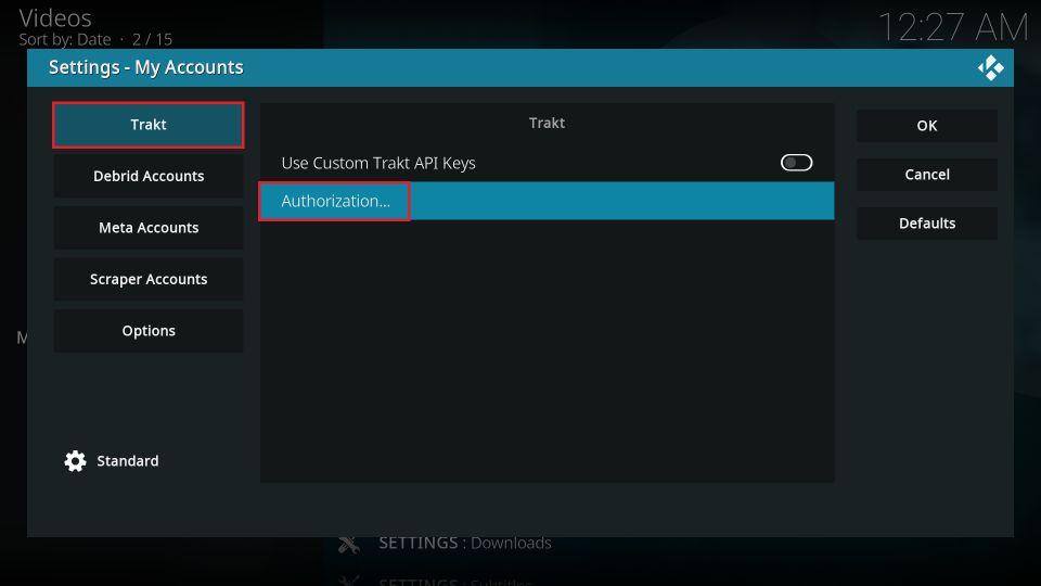 Select Trakt and click Authorization