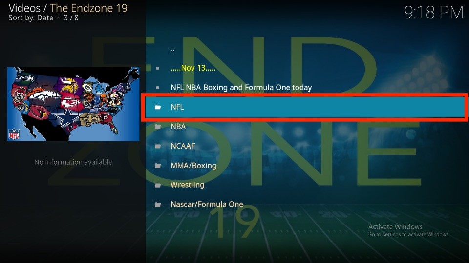 open the section of NFL