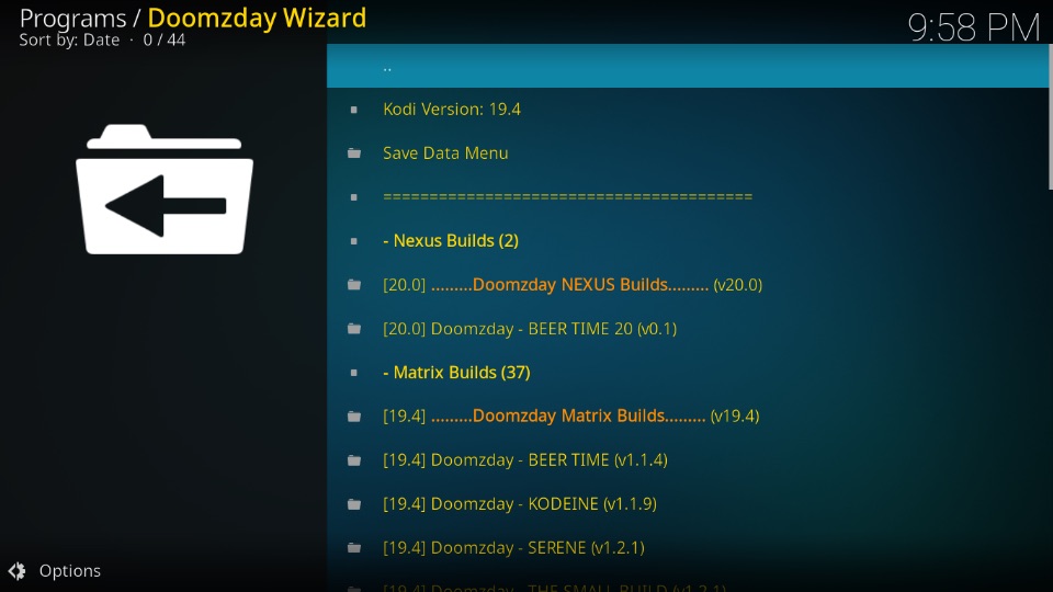 Doomzday Wizard builds menu