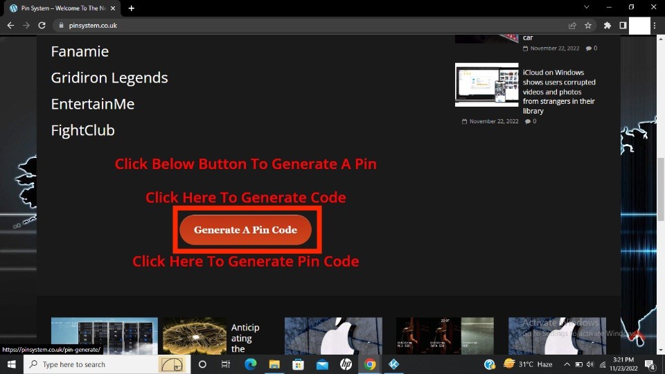 click on Generate A Pin Code button