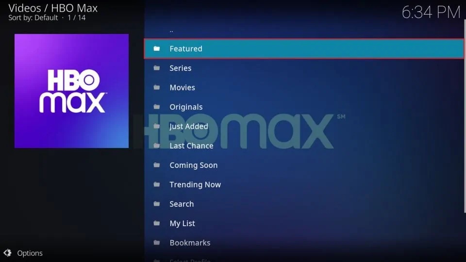 section of the HBO Max Kodi addon