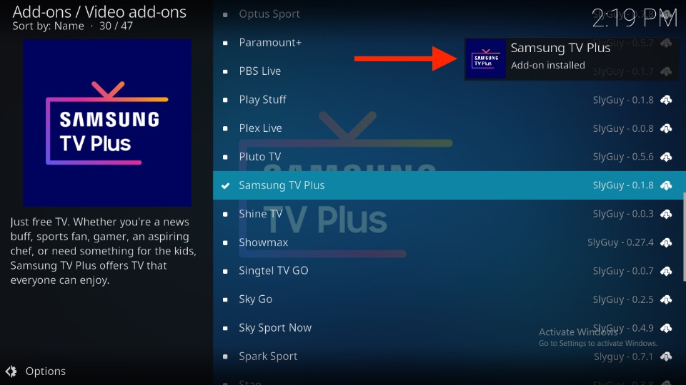 Samsung TV Plus Add-on installed