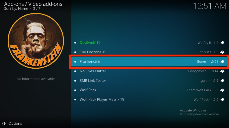 Open the Frankenstein Kodi addon