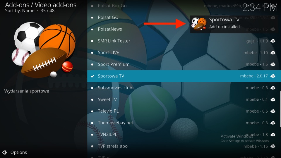 Sportowa TV Add-on installed