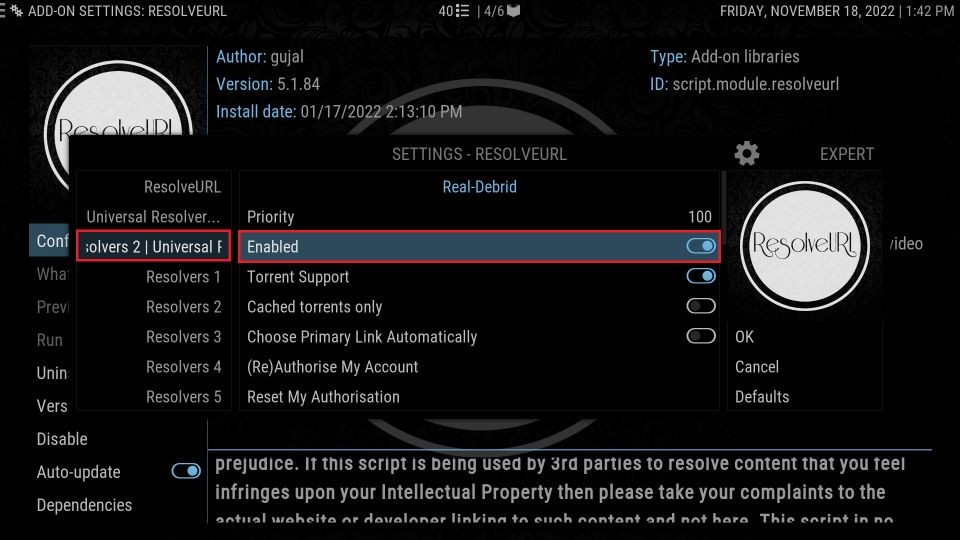 select Universal Resolvers 2 and Enable switch on