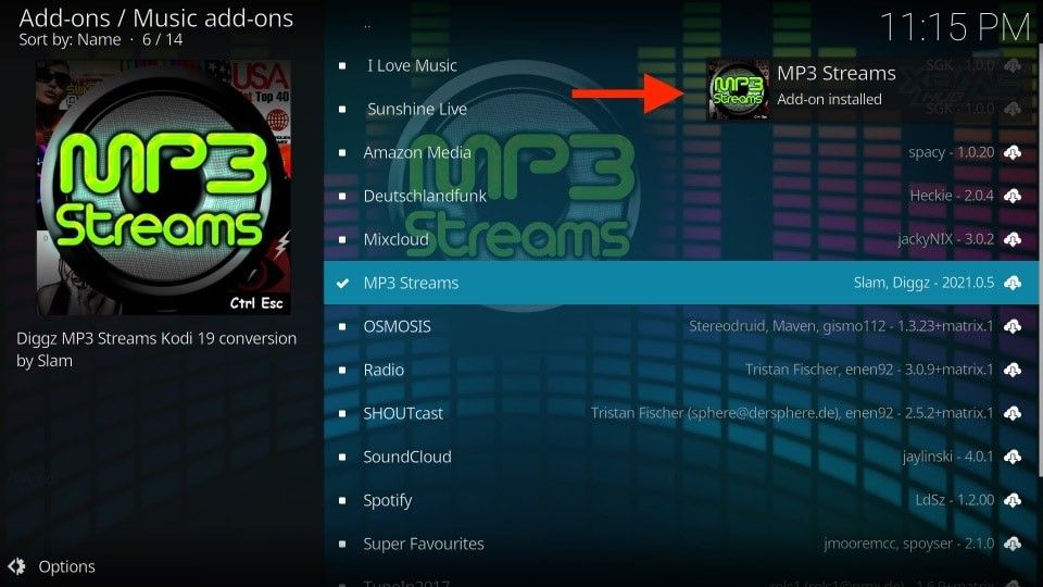 MP3 Streams Add-on Installed