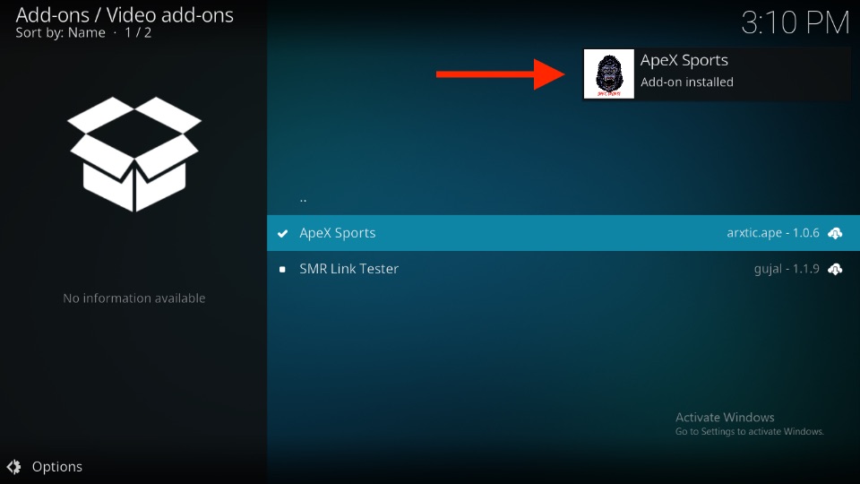 ApeX Sports Add-on installed