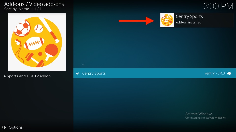 Centry Sports Add-on installed