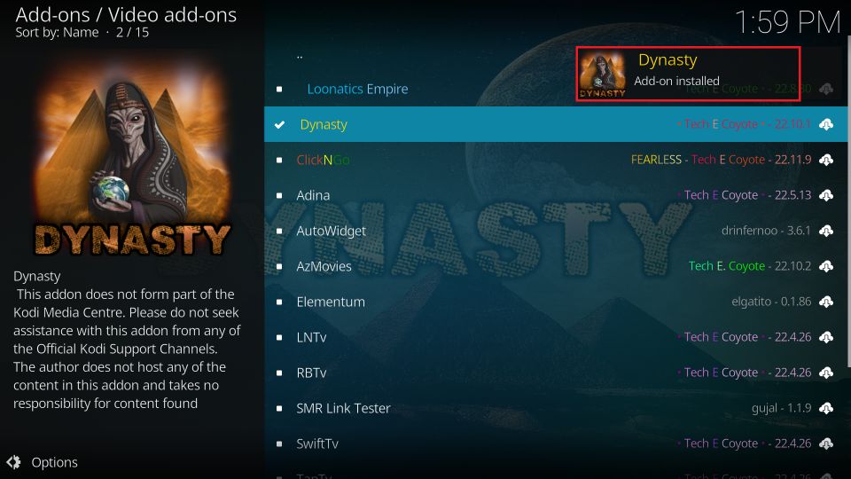 dynasty addon installed