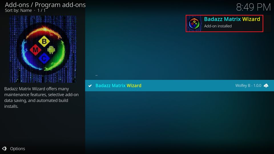 badazz matrix wizard addon installed