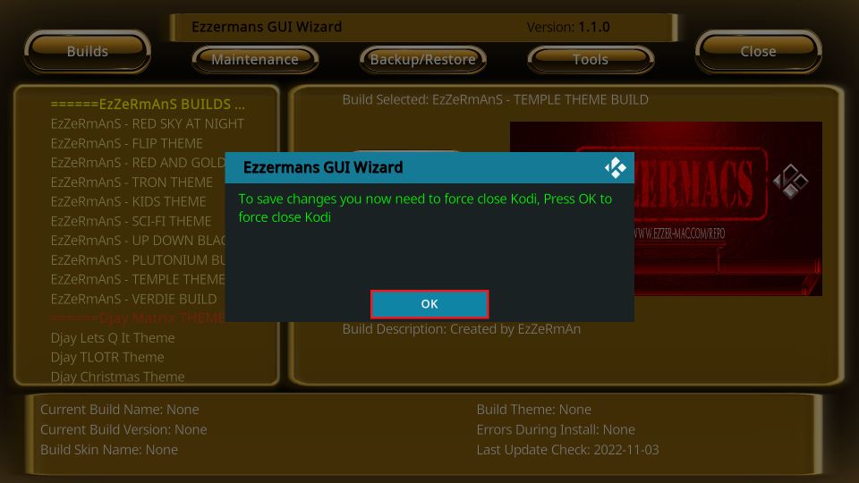 click OK to force close the Kodi