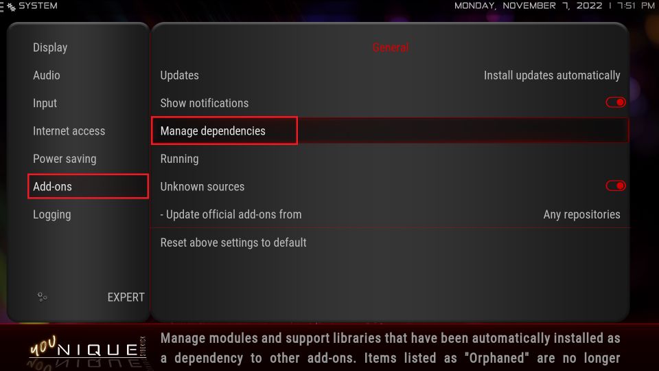 select manage dependencies