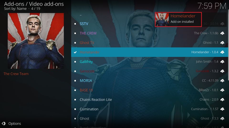 Homelander Add-on installed