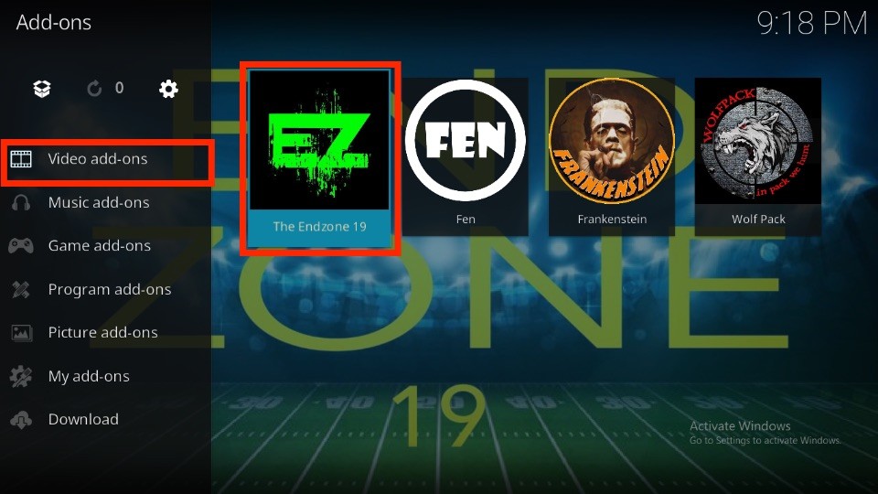on the video add-ons tab launch Endzone 19