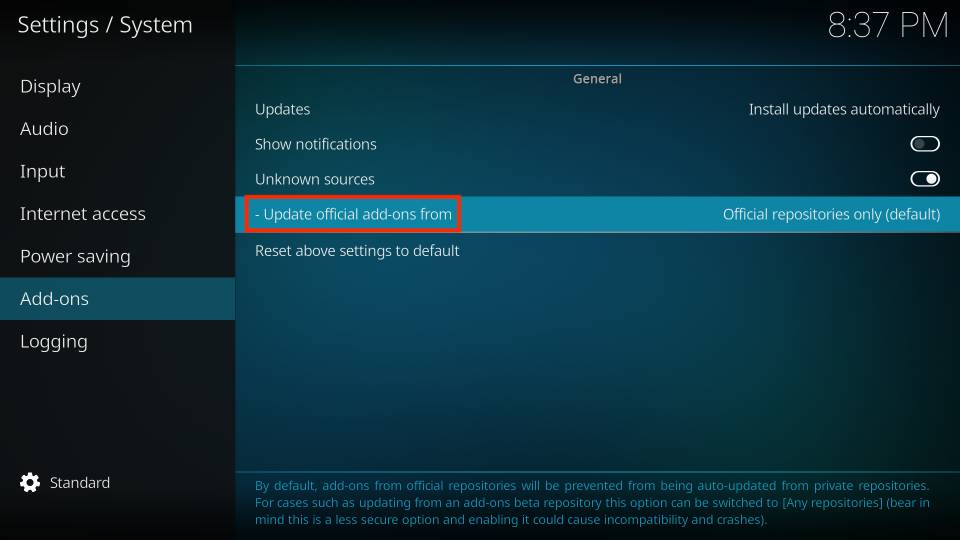 select Update official add-ons from