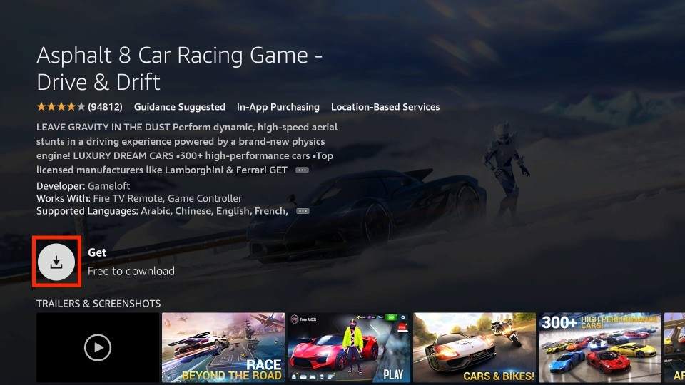 how to get asphalt 8 car racing game on firestick