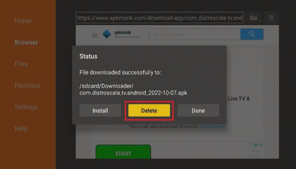 delete distro tv apk files
