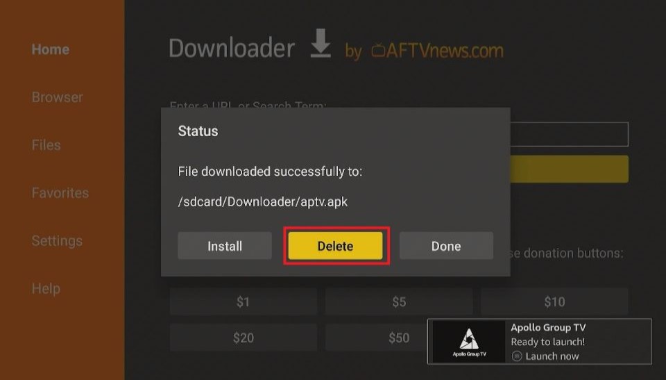 delete apollo group tv apk files