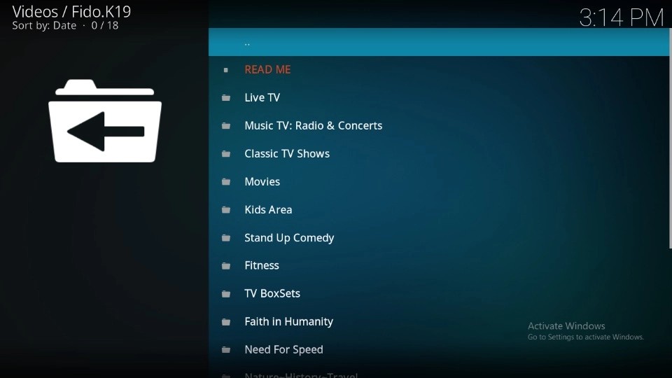 Fido K19 kodi addon home screen