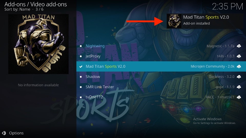 Mad Titan Sports V2.0 Add-on installed