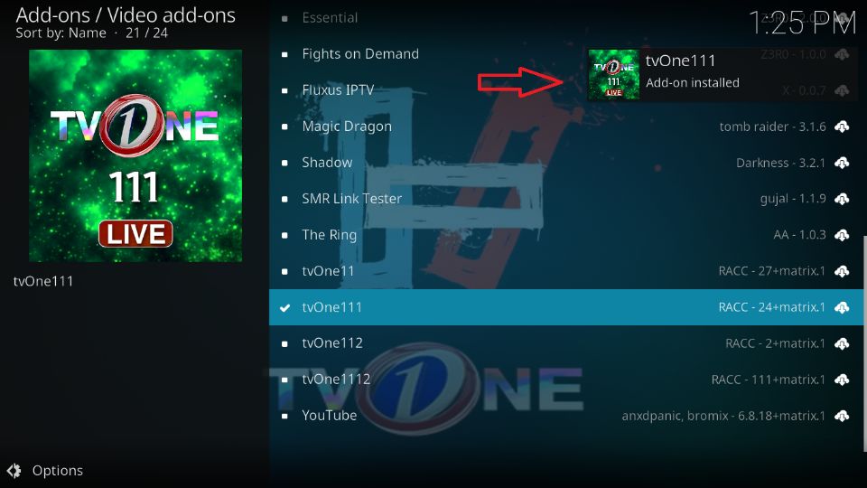  tvOne111 Add-on installed